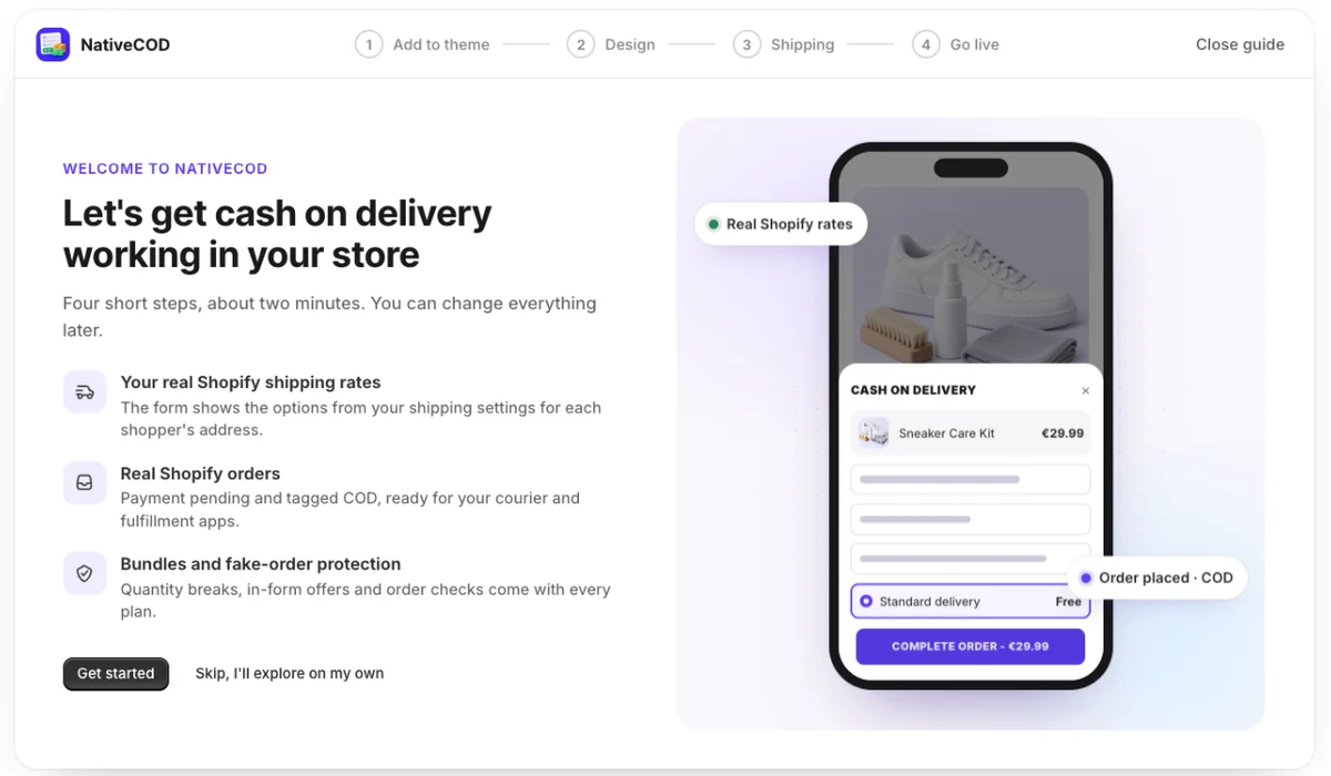 The NativeCOD welcome guide with an animated phone showing a COD order
