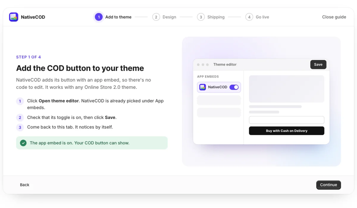 Step 1 of the guide: the theme editor's App embeds panel with NativeCOD switched on