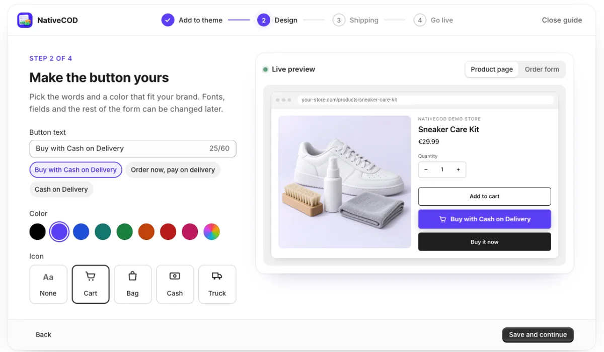 Step 2 of the guide: button text, color and icon with a live preview of a product page