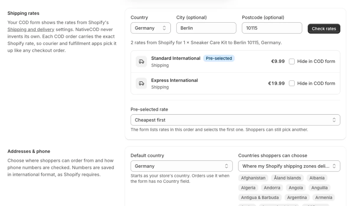 Shipping & orders page: a live rate check for Berlin, Germany returning two Shopify rates