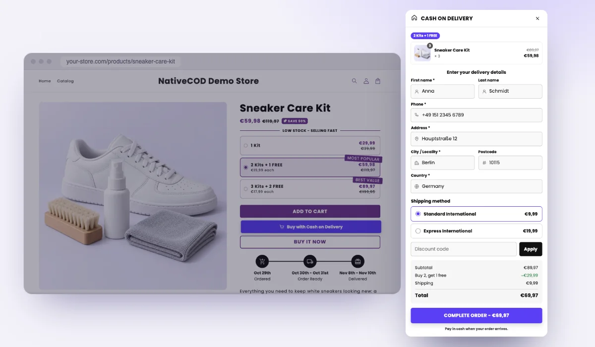 A product page with the COD form open, filled in with a Berlin address and international shipping rates